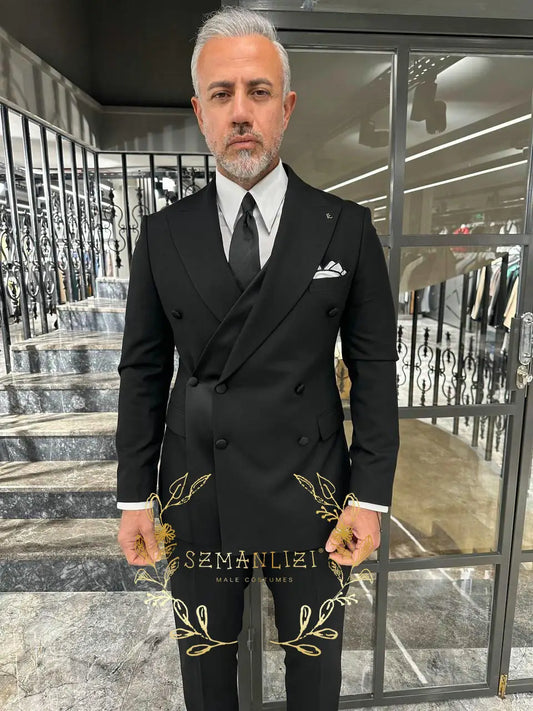 Black Men's Suit 2 Piece Double Breasted Jacket Pants Formal Wedding Groom Tuxedo Peaked Lapel Blazer Customized Men's Suit