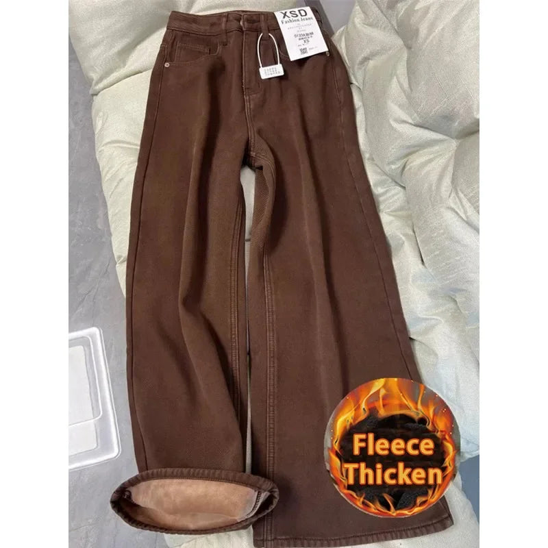 Women Casual Retro Wide Leg Fleece Thicken Denim Trouser Harajuku Loose Jeans 2025 Winter Solid High Waist Y2K 2000s Brown Pants