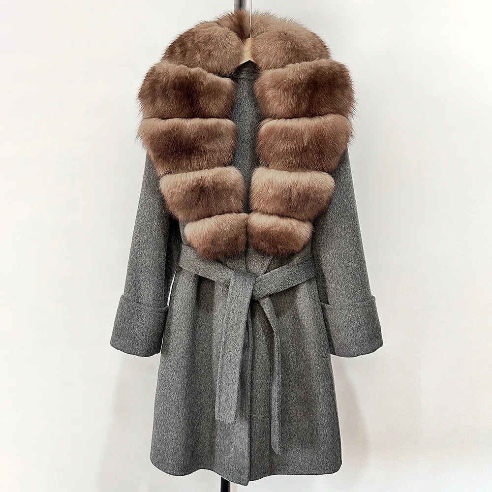 GENHUA 2025 New Winter Cashmere Wool Blends Women Natural Fox Fur Collar Cuffs Slim Fit Suit Double Sided Woolen Trench Coat