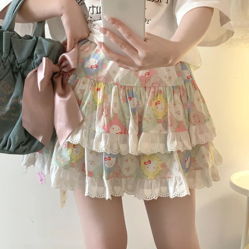 Korean Fashion Sweet Lolita Style Mini Skirt Women Cute Cat Print Layered Lace Cake Skirts Girly Japanese Kawaii Y2k Short Skirt