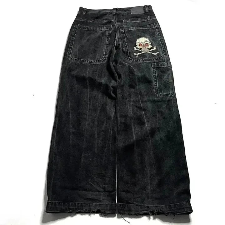 Men Women Retro Gothic High Waist Jeans Y2k Baggy Black Harajuku Hip Hop Pattern Embroidered Blue Denim Pants Wide Leg Jeans