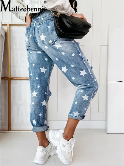 New Autumn Boyfriend Jeans Woman Slim Hole Jeans For Ladies With Five-Pointed Star Ripped Jeans Street Casual Blue Denim Pants