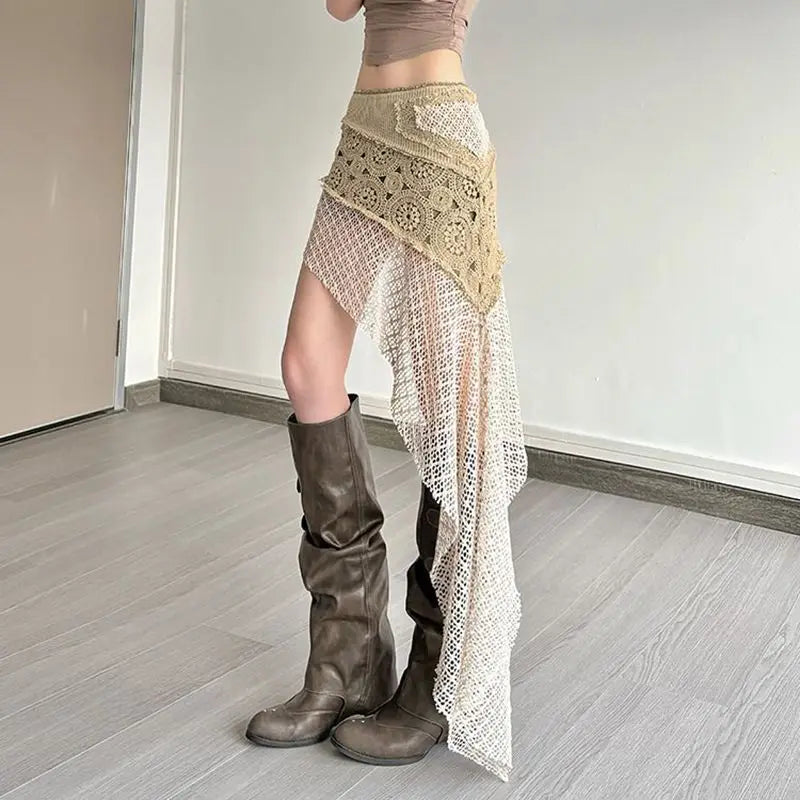 Bohemian Vintage Embroidery Knitted Skirts Summer Lace Patchwork Skirt for Women 2026 New Slim Fit Bodycon Faldas Mujer