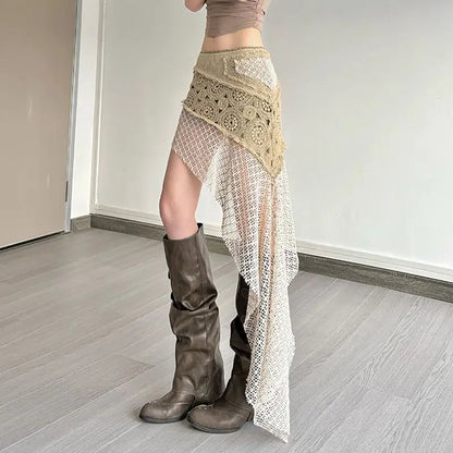 Bohemian Vintage Embroidery Knitted Skirts Summer Lace Patchwork Skirt for Women 2026 New Slim Fit Bodycon Faldas Mujer