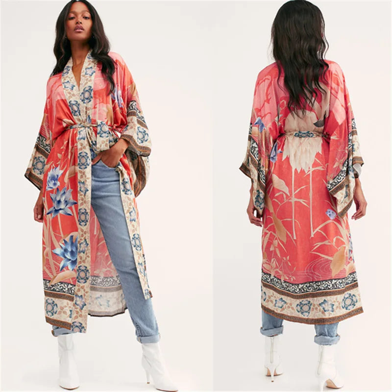 Floal Bikini Cover-ups Pink Boho Print Self Belted Front Open Long Kimono Dress Beach Tunic Women Swim Suit Cover Up
