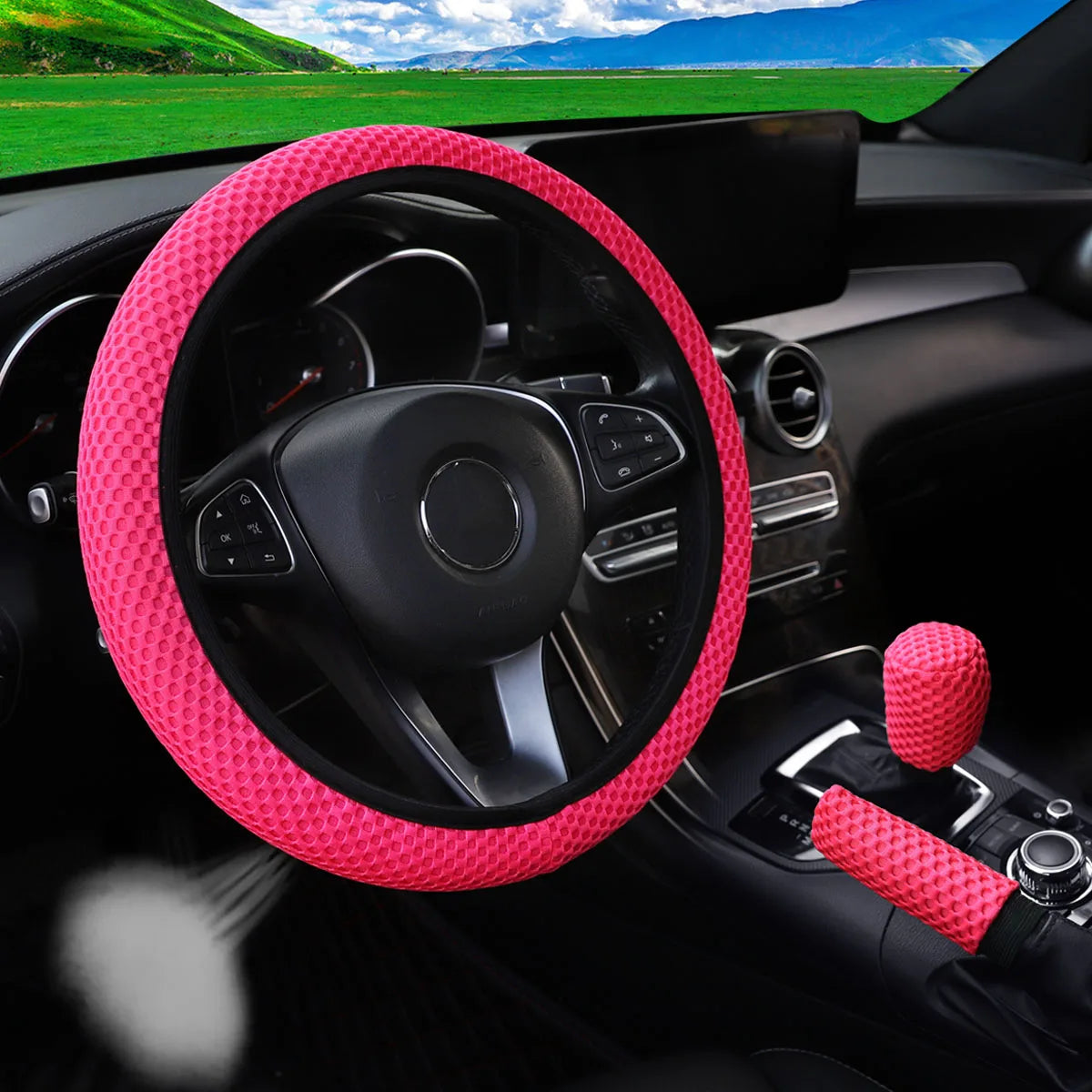 Three-piece three-dimensional breathable massage net car non-slip steering wheel cover, handbrake cover, gearshift cover