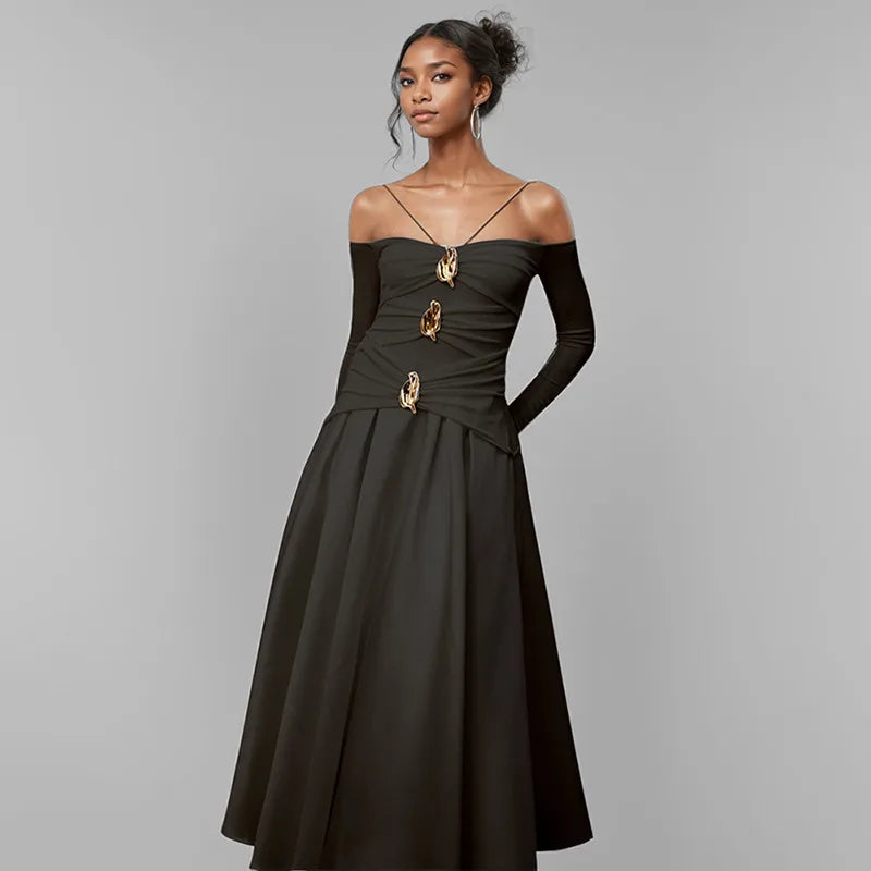 WTHT New Fashion Women Metal Buckle Design Sling Long Sleeves Dress 2025 Spring Off-shoulder A-line Party Dresses Female 1LS953