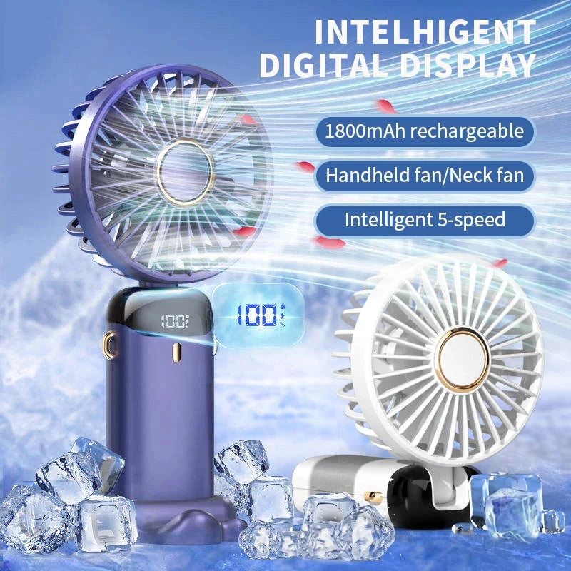 Portable Handheld Fan with Digital Display, 5-Speed USB Rechargeable Mini Fan, Ultra Quiet Personal Fan with Lanyard & Bas