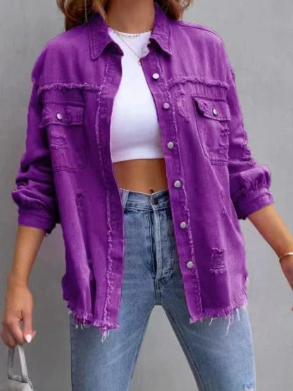 Spring Autumn Denim Women's Jacket Rough Selvedge Ripped Loose Fit Long Sleeve Korean Fashion Female Top