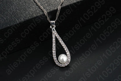 Fine 925 Sterling Silver Jewelry Sets Shiny Zircon Water Drop Pearl Pendant Necklaces Earring Set for Woman Wedding Gift
