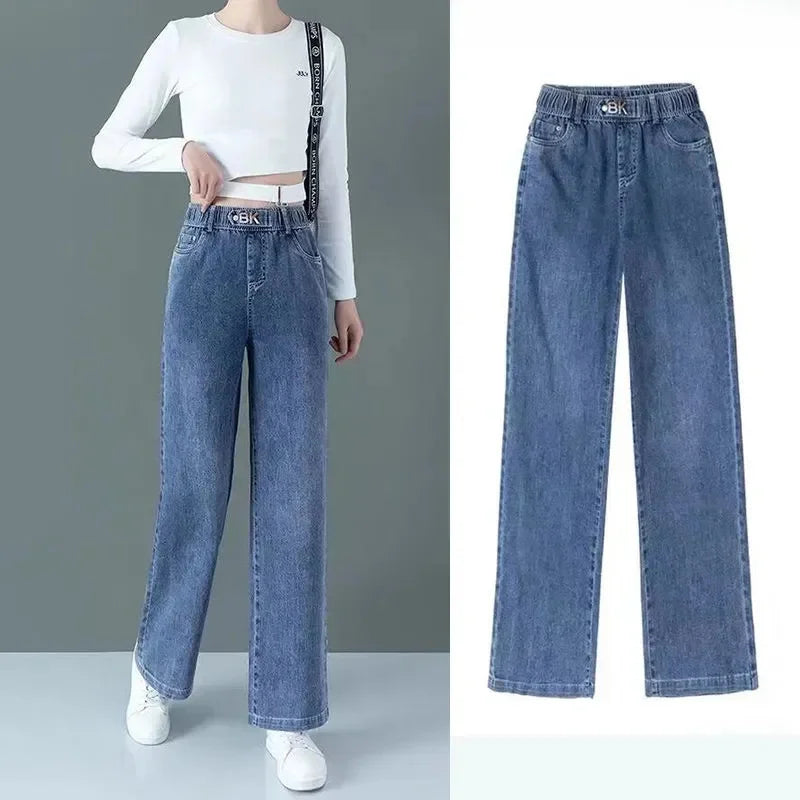 Blue high waisted Elastic jeans Women's clothing 2025 Spring Autumn New Loose Straight leg Pants Casual Denim Wide leg pants