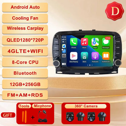 GPS Navigation Android 15 Auto Carplay 7" For FIAT 500 2016 - 2019 Stereo Multimedia Player 4G WIFI Bluetooth DSP 360 Camera