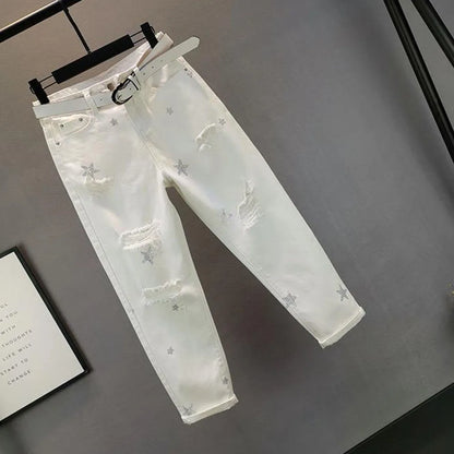 White Black Hole Summer Thin Baggy Jeans Women Streetwear Harajuku Pants Denim Trousers  Hot Drilling Pantalones Mujer