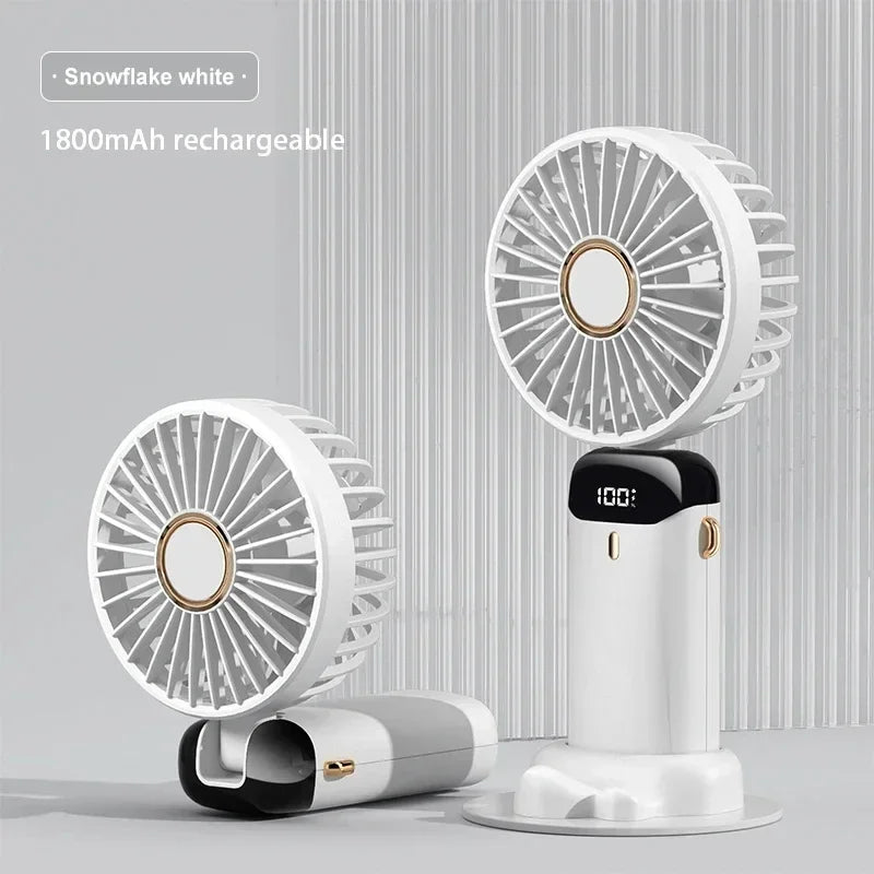 Portable Handheld Fan with Digital Display, 5-Speed USB Rechargeable Mini Fan, Ultra Quiet Personal Fan with Lanyard & Bas