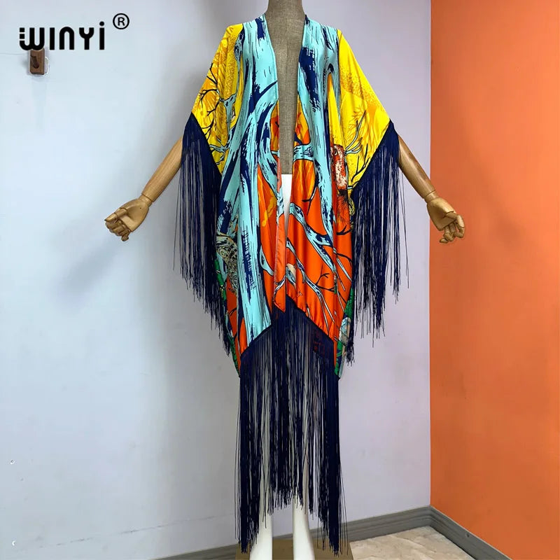 WINYI kimono cover-ups summer boho print Bikini Cover-up Elegant fashion Cardigan sexy Holiday long Sleeve tassels maxi dress