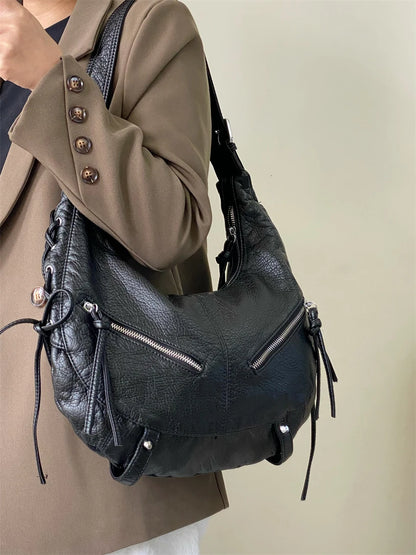 Strappy Punk Style Motorcycle Underarm Bag for Women Messenger Bag Large Capacity Soft PU Leather Female Shoulder Bag Handbag