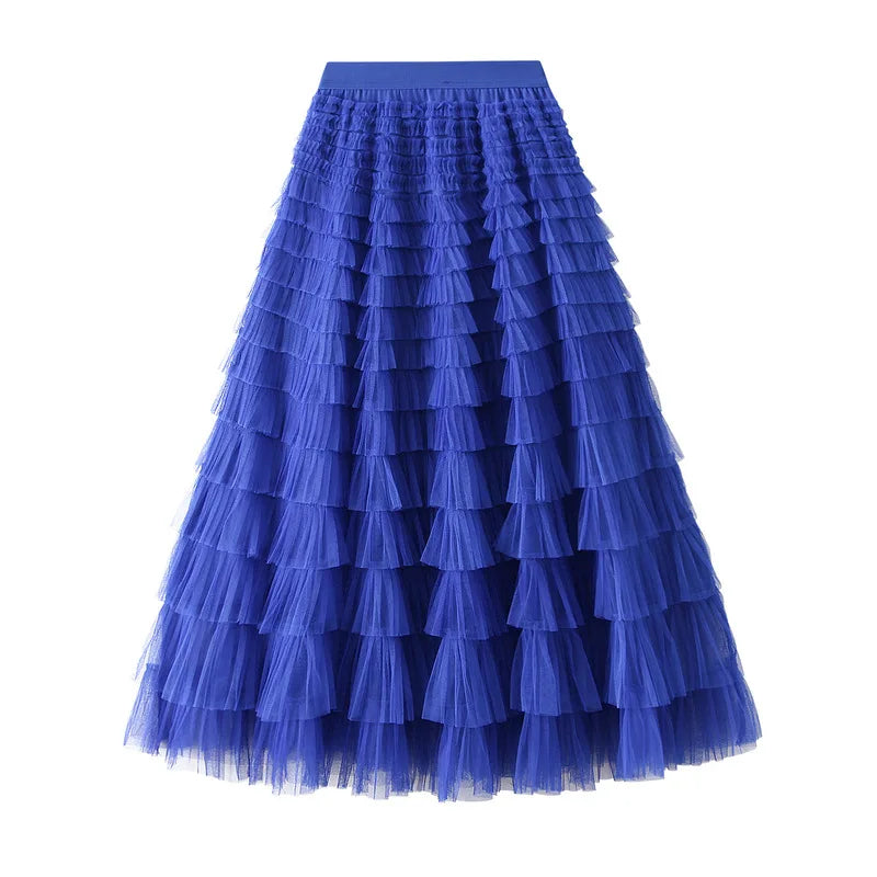New Arrival 2025 Tulle Cake Long Skirt Women Spring Summer Ruffle Pleated A-Line Chic Skirt Ladies Sweet Black White Tutu Skirts
