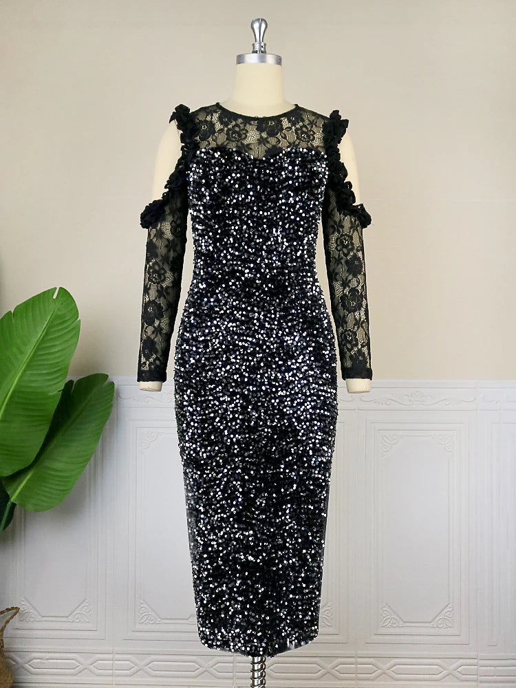AOMEI Black Velvet Dress Women Sequin Glitter Vintage Cold Shoulder Lace Long Sleeve Shiny Prom Luxury Bling Evening Party Gowns