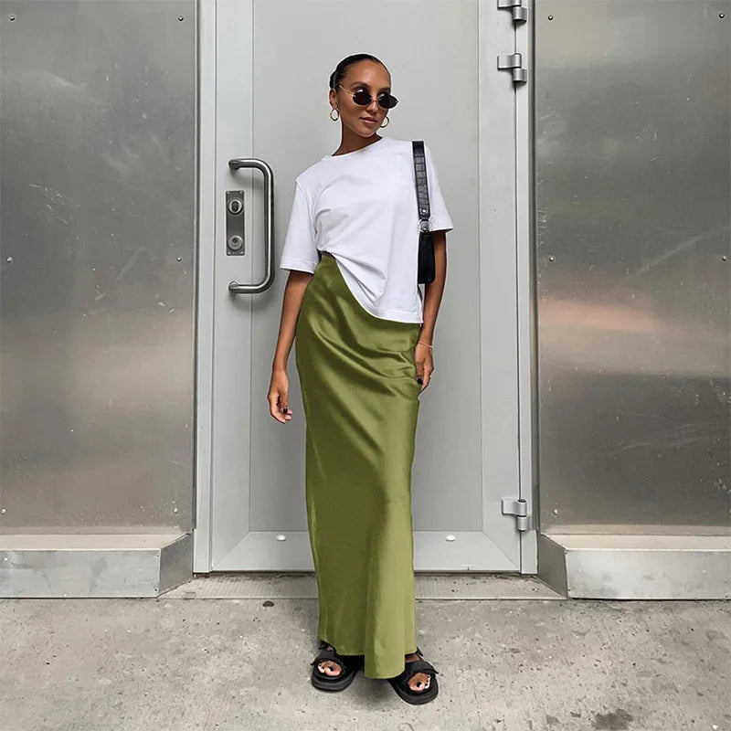 Elegant Satin Black Trumpet Skirts Fashion Slim High Waist Skirts Women Female 2024 Solid Office Long Skirt Spring Summer
