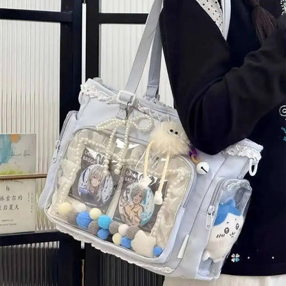 Japanese Sweet Women Ribbon Ita Bag Cute Lolita Girl Transparent Handbags Fashion Large Capacity Tote Bag Aesthetic Shoulder Bag