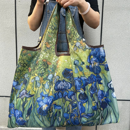 Chic Iris Flower Large Tote Bag Foldaway Convenience Nylon Shopping Bag with Shoulder Strap Lightweight Machine Washable