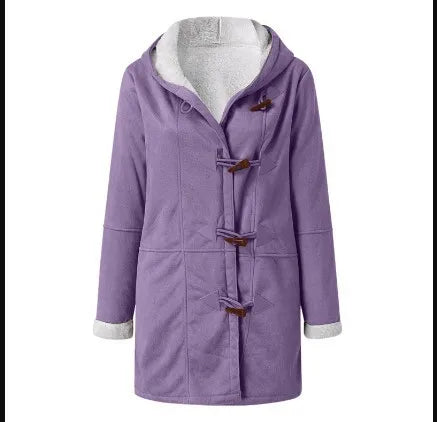 Coat Women's Jacket Cow Horn Buckle Pockets Solid Color Fleece Lined Hooded Overcoat Female Outerwear Winter Clothes Women