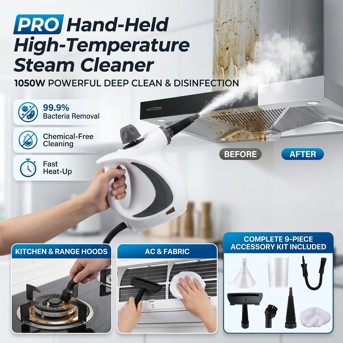 1050W Handheld Steam Cleaner High Temperature Pressurized with 9Pc Accessory Kitchen Range Hood Disinfection & Cleaning Steamer