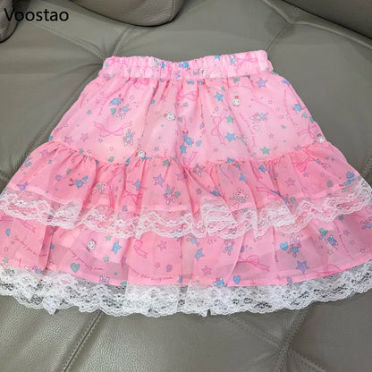 Pink Japanese Sweet Lolita Style Mini Skirt Women Kawaii Cartoon Bunny Bear Print Lace Cake Skirt Y2k Cute Skirts Faldas Mujer