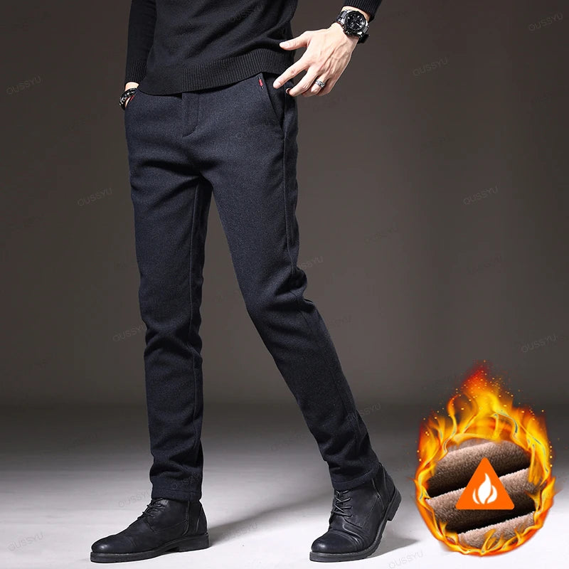 Winter Fleece Warm Brushed Fabric Men's Casual Pants Outdoors Business Thick Cotton Flocking Plush Black Grey Blue Trousers Male