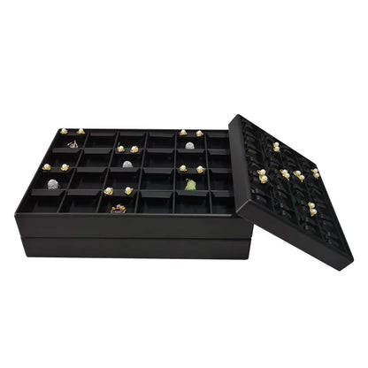 Stackable Leather Ring & Earring Tray - 25x20cm Black White Storage Box with Lid - Jewelry Organizer