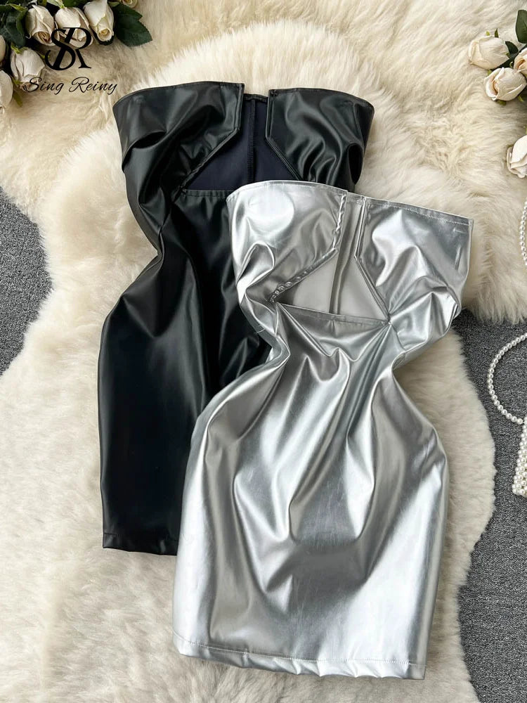 SINGREINY 2023 Strapless Sexy Short Dress Summer Sleeveless Bodycon Hollow Out Fashion Y2K Women Evening PU Leather Slim Dress