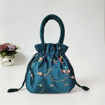 Retro Embroidery Silk Drawstring Handbags Women Purse Wallets Jewerly Packing Storage Bucket Bag Hanfu Accessories