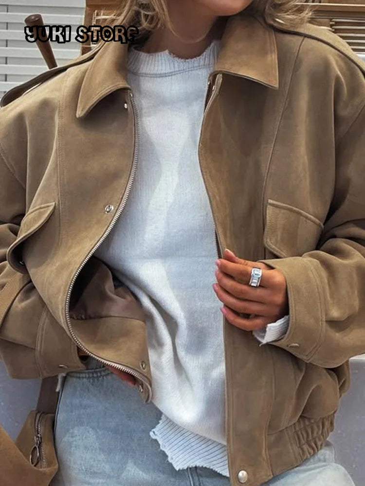 Chic Suede Bomber Jackets Women Loose Lapel Zipper Long Sleeve Pockets Female Coats 2025 Autumn Lady Commute Outwear New