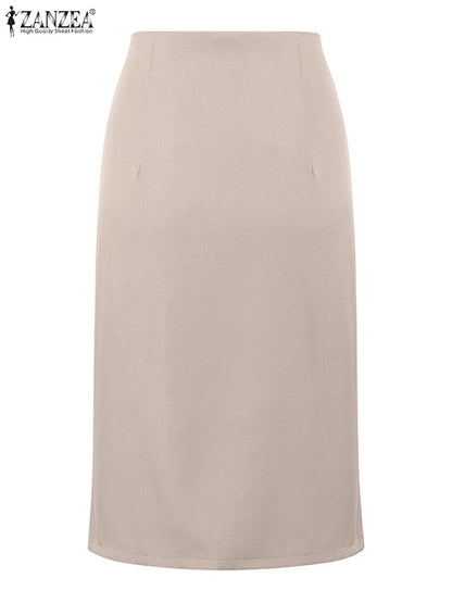 ZANZEA 2025 Summer High Waist Bodycon Skirt Vintage Faldas Women Fashion Knee Length Skirts Casual Split Hem Office Work Jupes