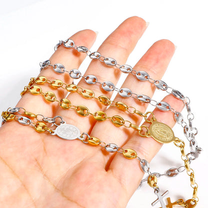 304 Stainless Steel Religious Pig Nose Chain Prayer Beads Rosary Necklace Cross Virgin Mary For Men Women 50cm(19 5/8") long