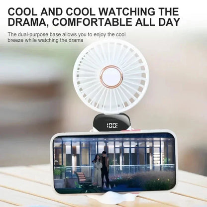 New Portable Handheld Fan with Digital Display, 5-Speed USB Rechargeable Mini Fan, Ultra Quiet Personal Fan with Lanyard & Bas