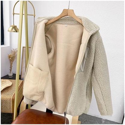 Women Lamb Wool Coats Jackets Stand Collar Zipper Coat Thick Warm Y2k Streetwear Jacket Work Outerwear Autumn Winter 2025