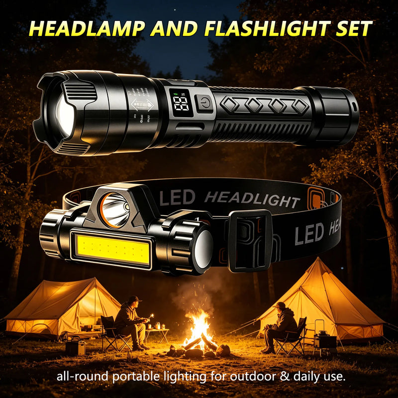 Portable headlamp+flashlight,ABS material,rechargeable,with battery level display,high-brightness lighting,for night lighting