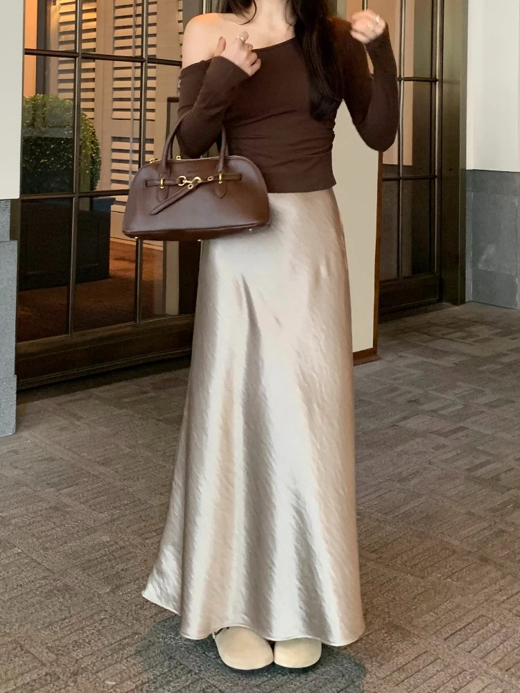Spring Women's Long Skirts High-waist Luxury Satin Fishtail Skirt Ladies Elegant Loose Solid Gray Black A-line Skirts for Women