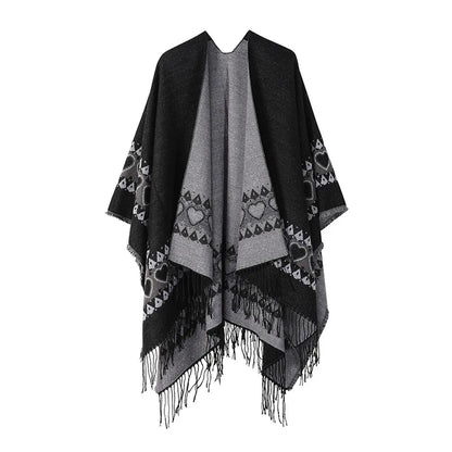 Poncho New Split Warm Shawl Vintage Ethnic Style Scarf Imitation Cashmere Tassel Women Cape Lady Cloak Warm Coat Khaki