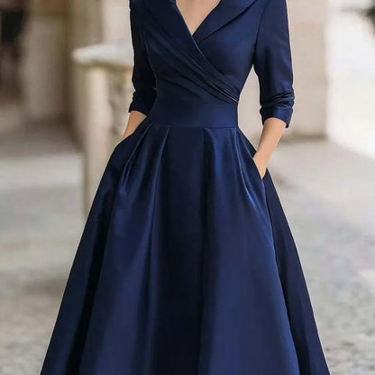 Elegant Solid Color Waist Cinching Sexy V-neck Dress Autumn Winter Women's Clothing New Long Sleeved Dress Pockets Ropa Mujer