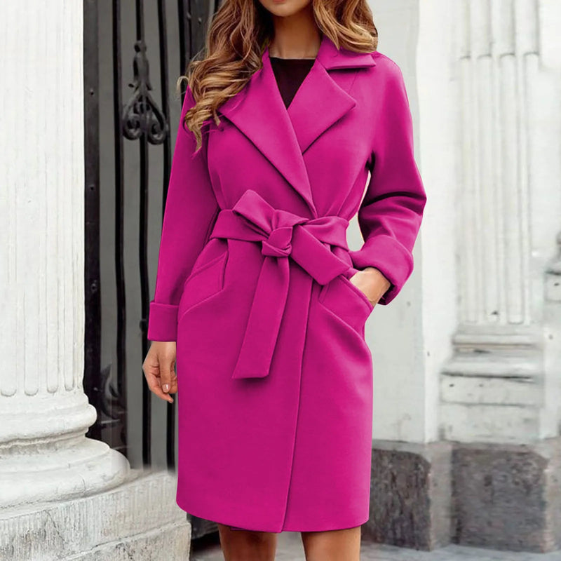 2025 Women Hot Pink Trench Coat Casual Mid Long Overcoat Lapel Open Front Cardigan Outwear Woolen Boot Winter Jackets for Women