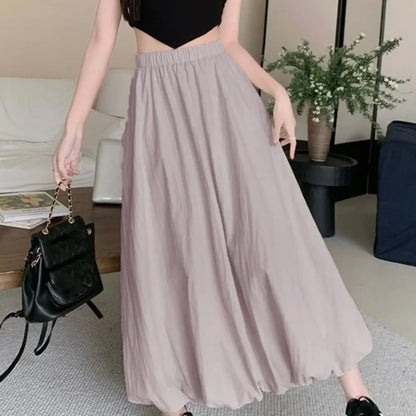 Elasticated Waist Skirt Elastic High Waist Bubble Maxi Skirt with Ankle-length Lantern Design Solid Color A-line for Spring