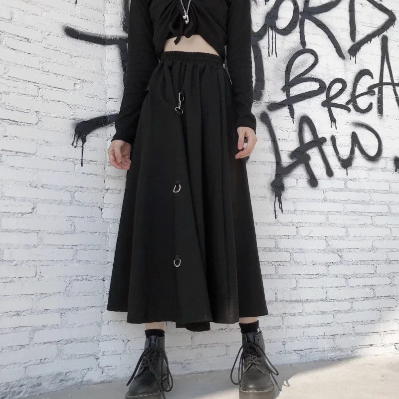 MEXZT Harajuku Cargo Skirts Women High Waist Buckle Irregular Skirts Gothic Punk Freely Adjustable Black A Line Midi Long Skirt