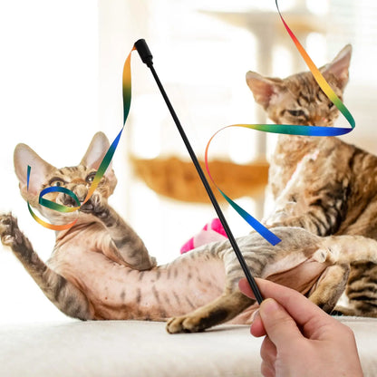 Interactive Coloured Ribbon Cat Toys Teasing Catd Stick Satin Ribbon Cat Stick Toys Kitten Playing Teaser Wand Toy Pet Supplies