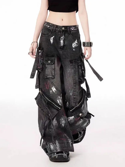 American Street Oversize Washed Retro Heavy Industry Motorcycle Jeans Women Low Waist Slim Fit Distressed Pleat Scratched Jeans