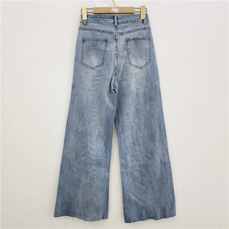 DEAT Women's Jeans High Waist Embroidery Flowers Burrs Edge Straight Wide Leg Denim Pants 2026 New Fashion Summer 29L9973