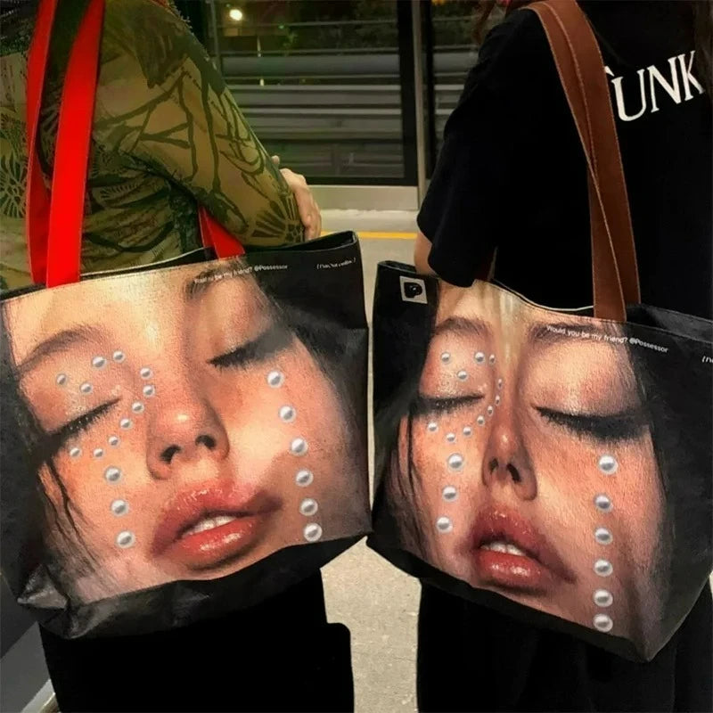 New Stylish Large-capacity Waterproof Shoulder Bag - Creative Women's Face-print Handbag - DuPont Paper Large Shopping Bag