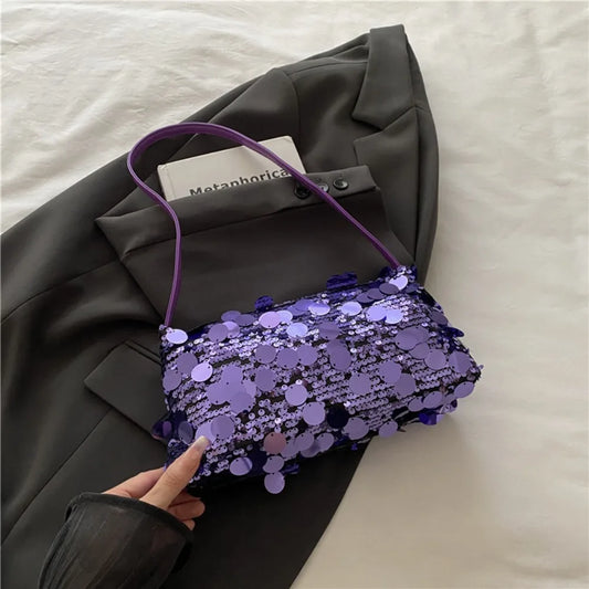 Fashion Lightweight Sequin Shoulder Bags Solid Color Large Capacity Underarm Bag Evening Party Tote Bag Women