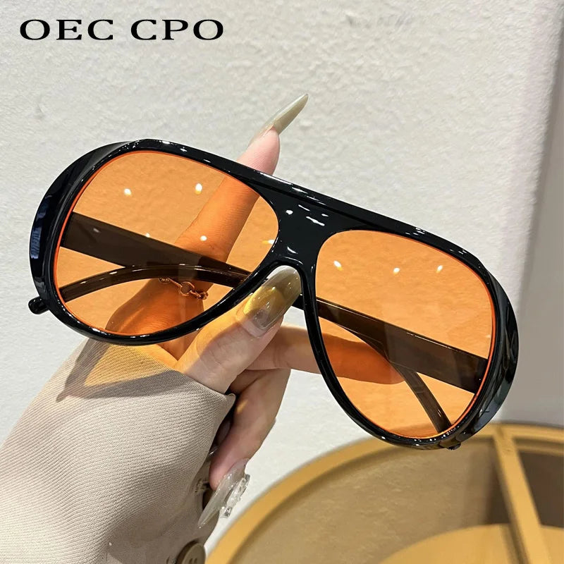 OEC CPO Fashion Double Bridges Pilot Sunglasses Women Large Frame Shades UV400 Retro Sun Glasses Female Orange Yellow Eyewear